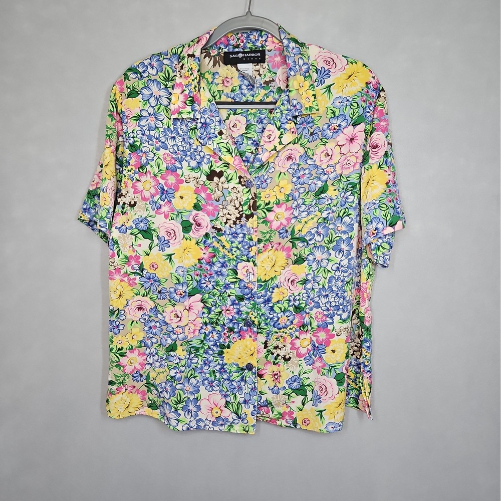 Sag Harbor Womens Multicolor Floral Button Up Short Sleeve Blouse Size 16W